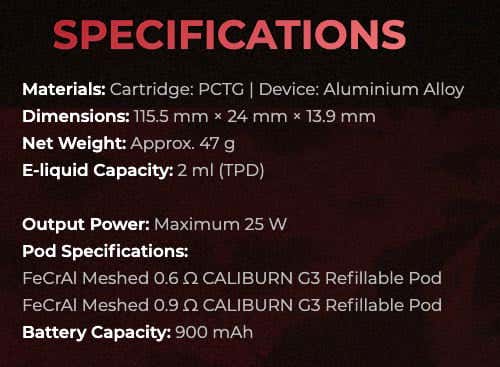 Uwell Caliburn G3 Pod Vape Kit - Specifications