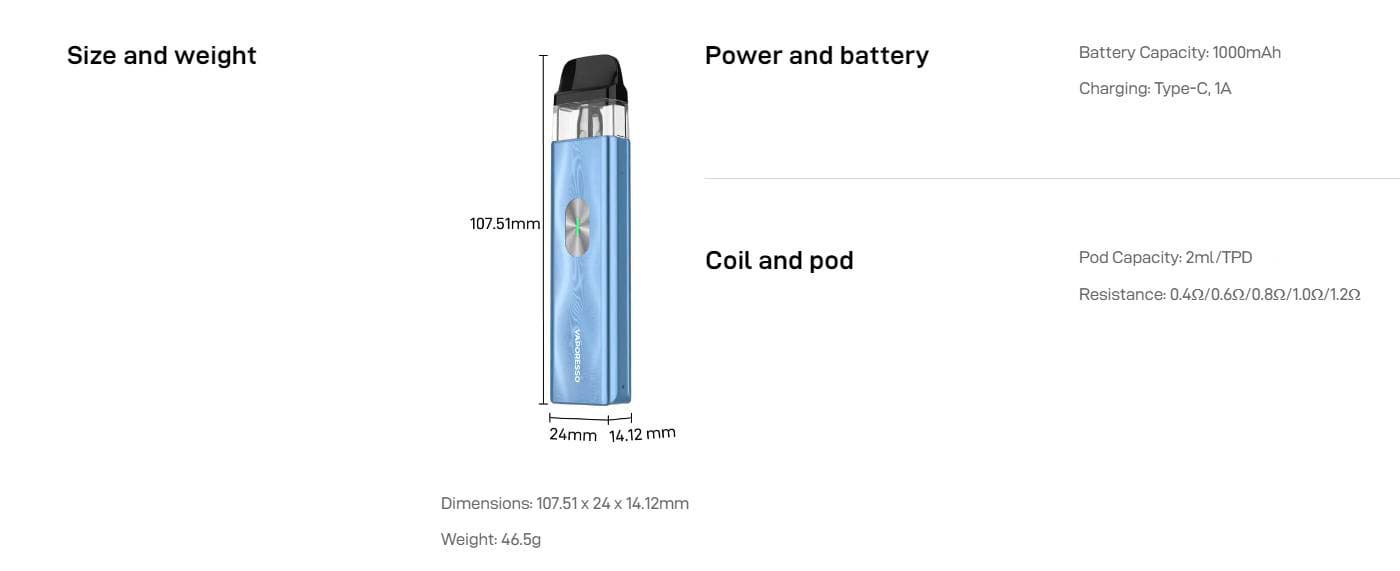 Vaporesso XROS 4 Mini Pod Vape Kit - Specifications