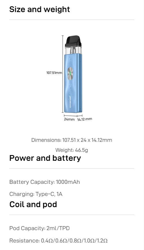 Vaporesso XROS 4 Mini Pod Vape Kit - Specifications