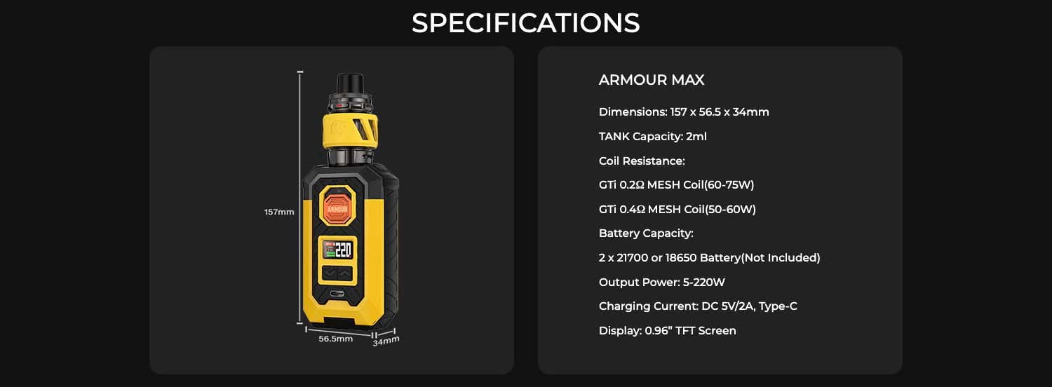 Vaporesso Armour Max 220w Kit - Specifications