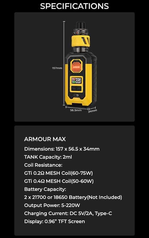 Vaporesso Armour Max 220w Kit - Specifications