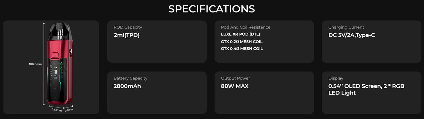 Vaporesso Luxe XR Max Pod Vape Kit - Specifications