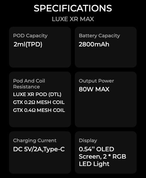 Vaporesso Luxe XR Max Pod Vape Kit - Specifications