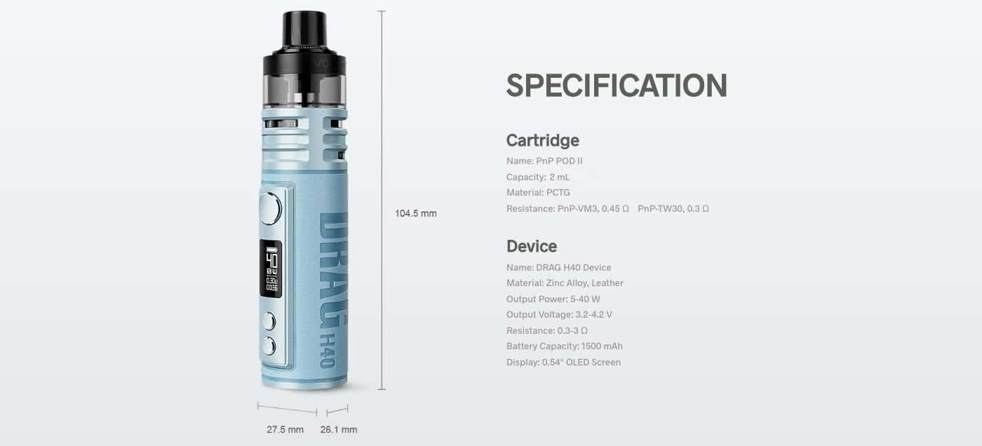 VooPoo Drag H40 Pod Vape Kit - Specifications