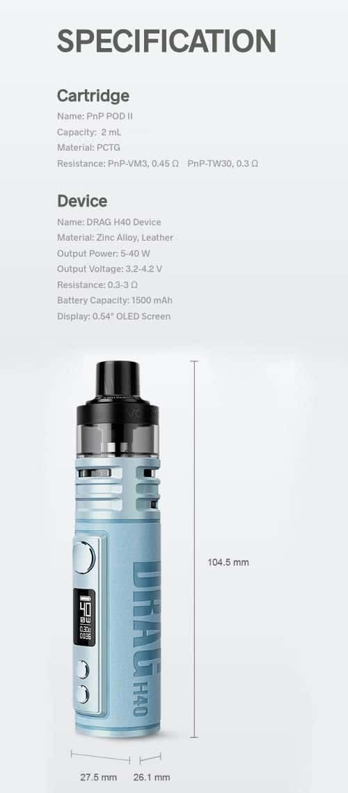 VooPoo Drag H40 Pod Vape Kit - Specifications