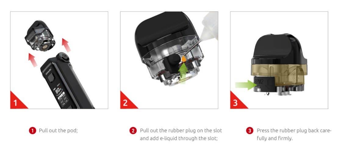 Pull out pod. Pull out rubber plug. Fill with e-liquid. Close plug.