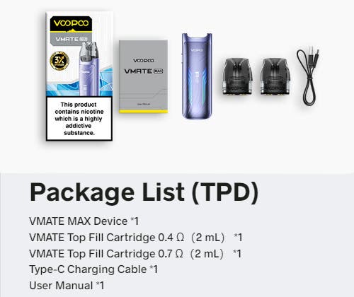 VooPoo VMATE Max Pod Vape Kit - TPD What's in the Box?