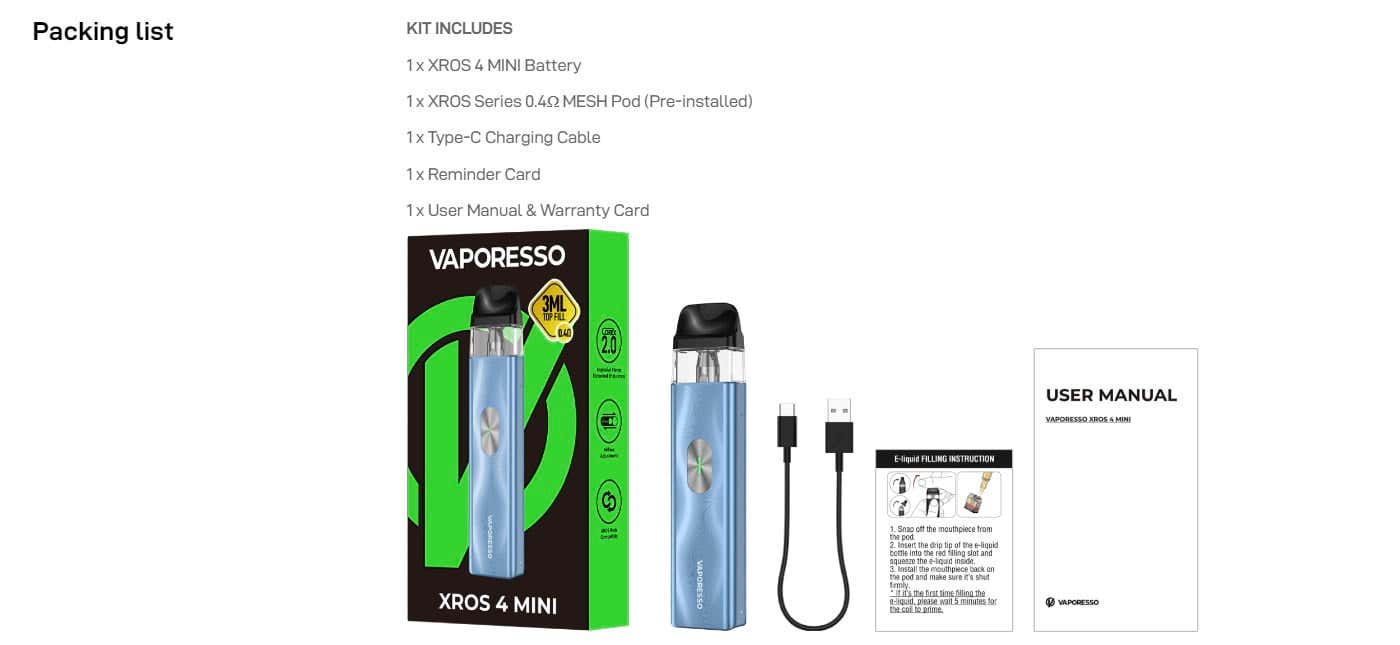 Vaporesso XROS 4 Mini Pod Kit - TPD What's in the Box?