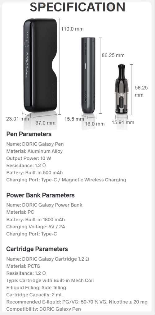 VooPoo Doric Galaxy Pod Kit - Specification