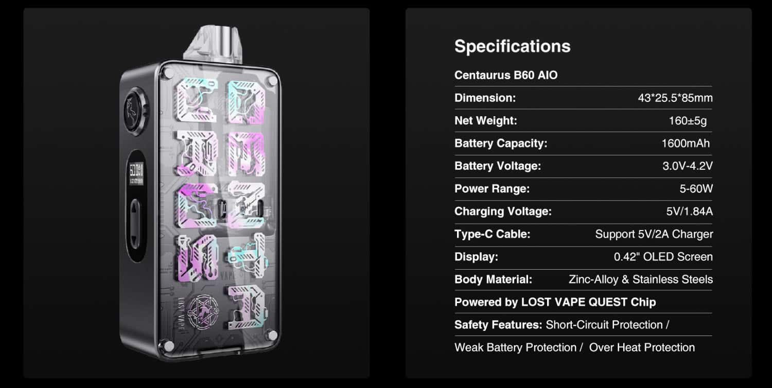 Lost Vape Centaurus B60 AIO Pod Mod Vape Kit - Specifications