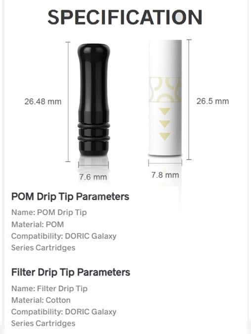 VooPoo Doric Galaxy Pod Kit - Drip Tip Parameters