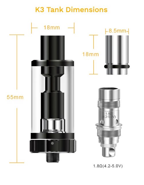 Aspire K3 Tank - Dimensions