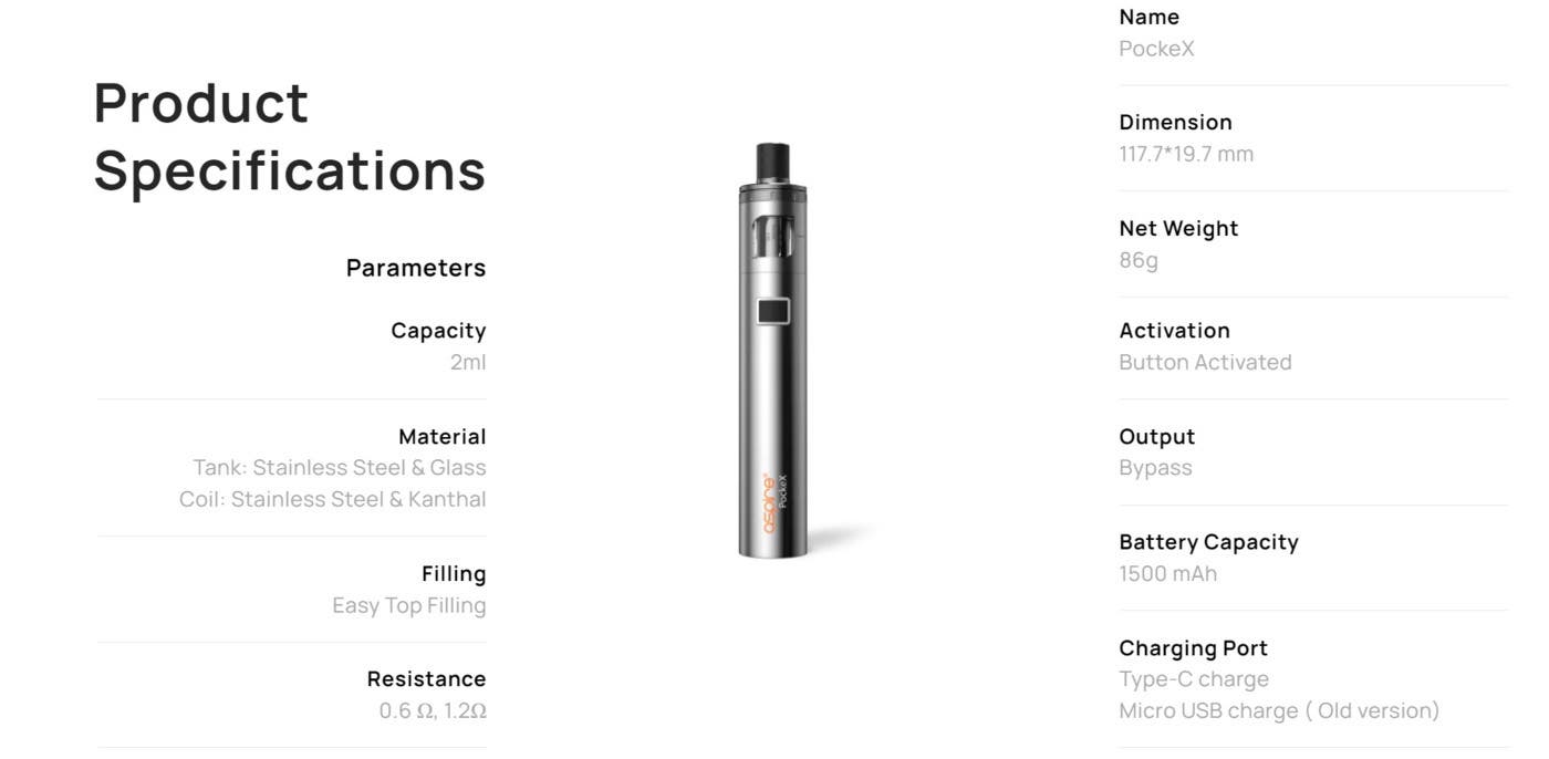 Aspire PockeX Vape Kit - Specifications