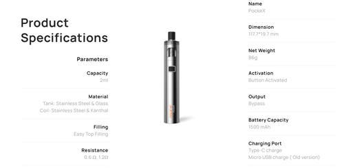 Aspire PockeX Vape Kit - Specifications