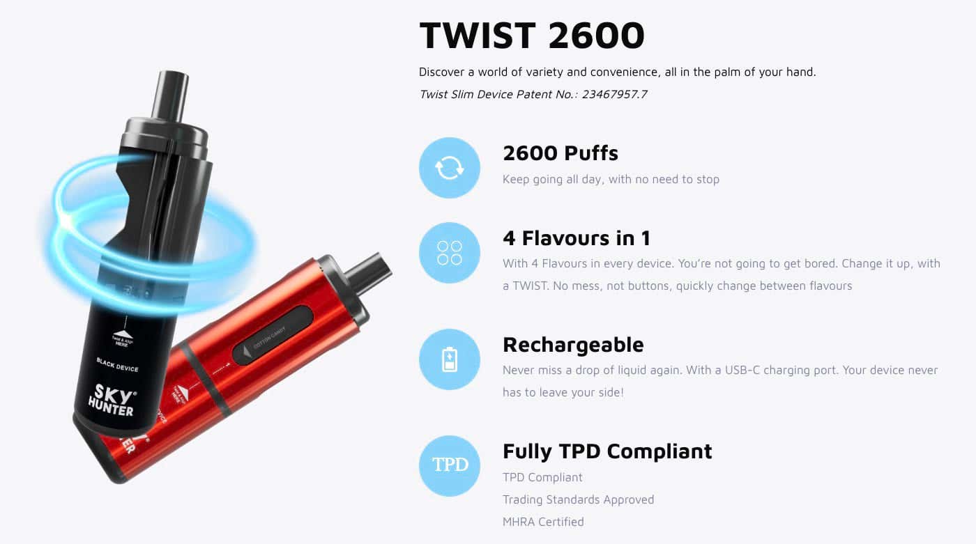 Sky Hunter Twist Slim 2600 Prefilled Pod Kit - Features and highlights