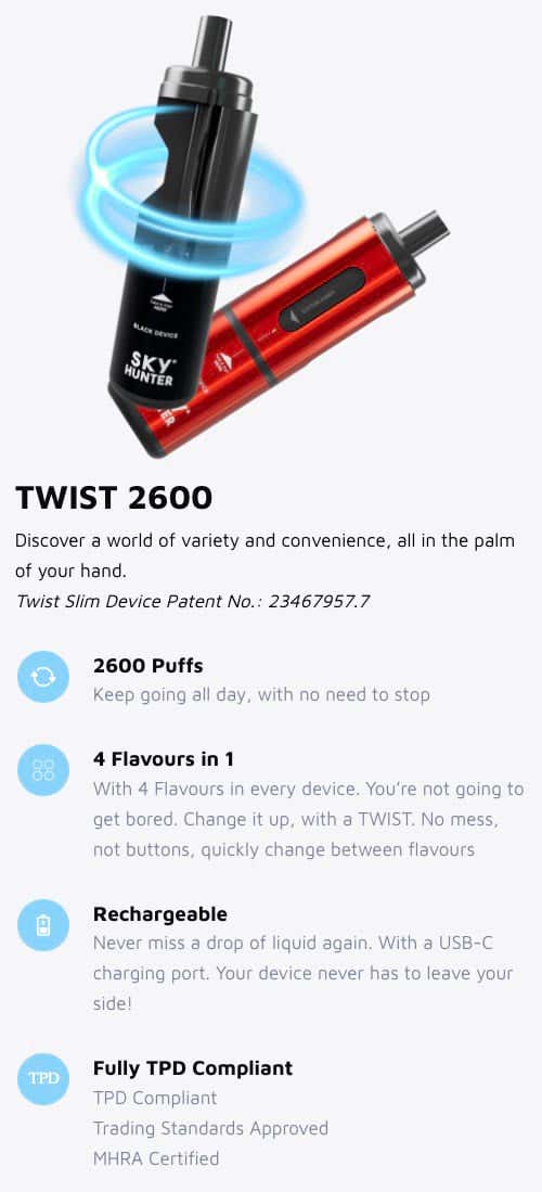 Sky Hunter Twist Slim 2600 Prefilled Pod Kit - Features and highlights