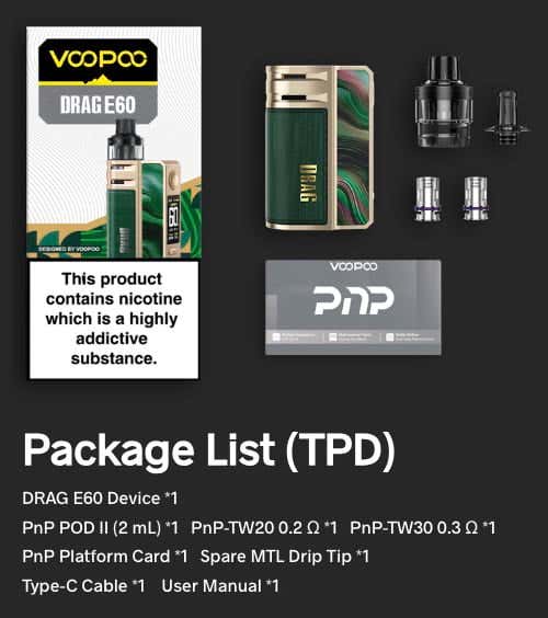 Voopoo Drag E60 pod vape kit - Package list