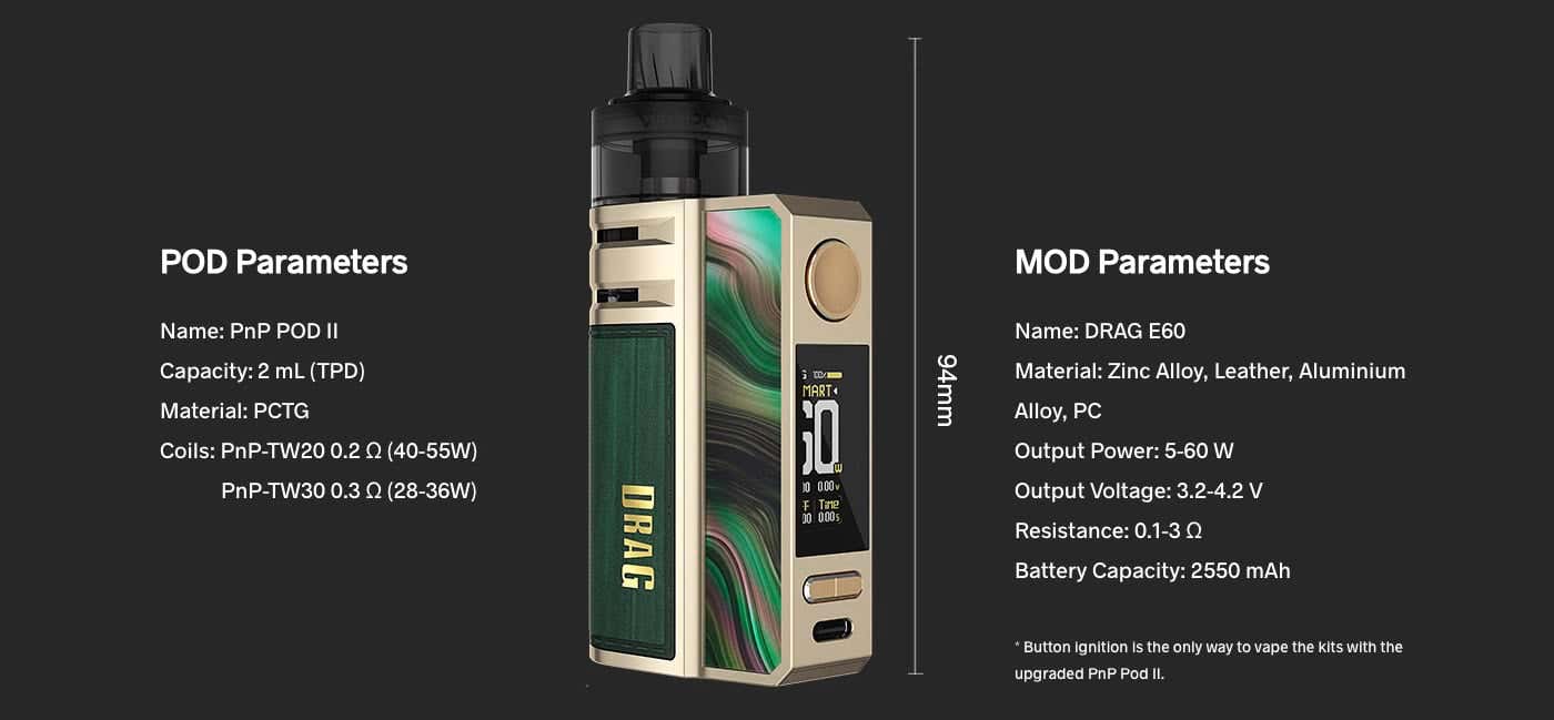 VooPoo Drag E60 Pod Vape Kit - Specifications and parameters