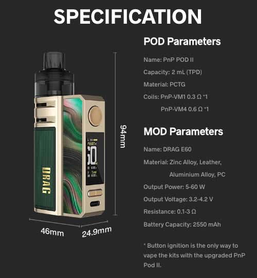 VooPoo Drag E60 Pod Vape Kit - Specifications and parameters