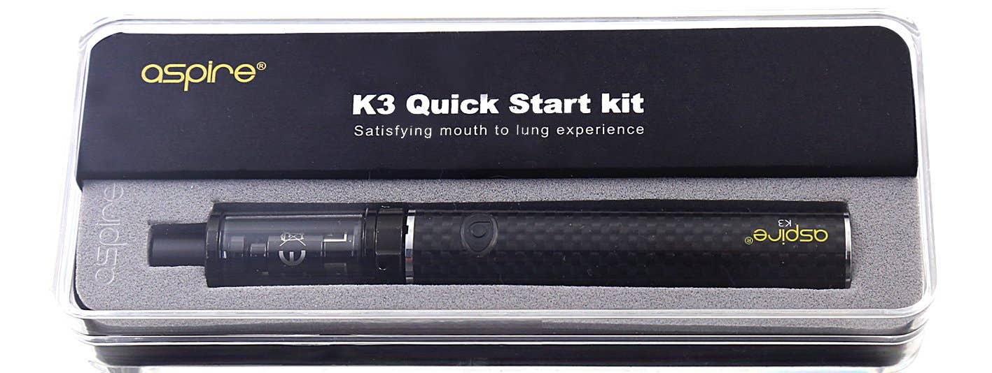 Kit contents: Aspire K3 battery, Aspire K3 tank, two 1.8ohn Nautilus coils and a micro-USB cable.