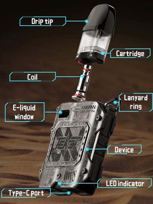 Uwell Caliburn Tenet Koko Pod Kit - Exploded parts view