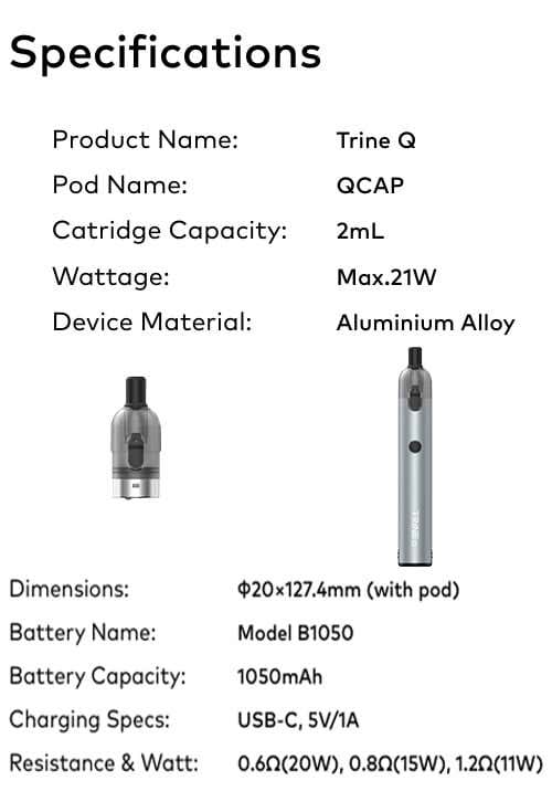 Innokin Trine Q Pod Vape Kit - Specifications
