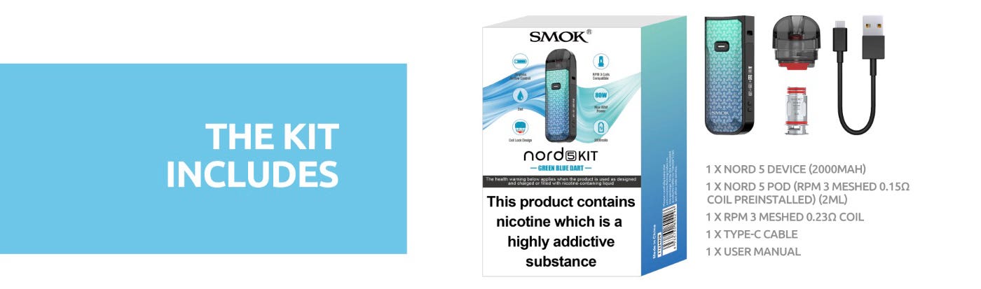 The Smok Nord 5 Pod Kit includes a Nord 5 2000 mAh battery, Nord 5 Pod, two RPM3 coils