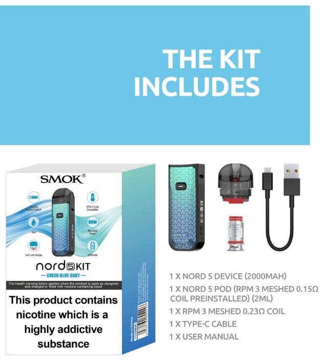 The Smok Nord 5 Pod Kit includes a Nord 5 2000 mAh battery, Nord 5 Pod, two RPM3 coils