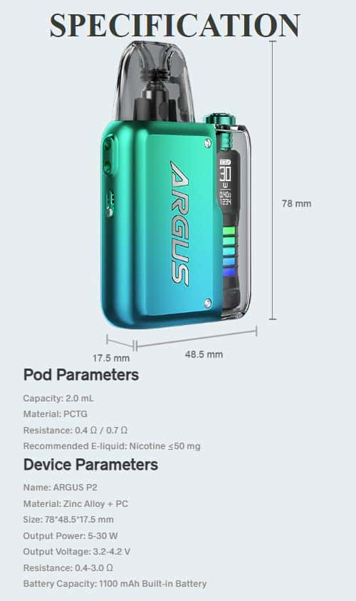 Voopoo Argus P2 Pod Vape Kit - Specifications