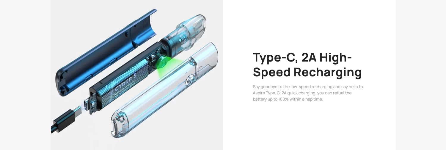 Aspire Cyber S Pod Vape Kit - Type-C, 2A high-speed charging