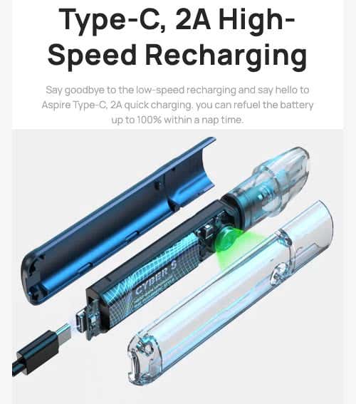 Aspire Cyber S Pod Vape Kit - Type-C, 2A high-speed charging