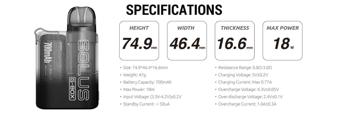 Smok Solus G-Box Pod Vape Kit - Specification