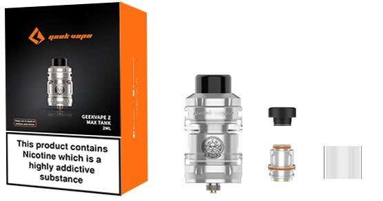 Geekvape Z Max Tank Outside view of packaging and the included items.