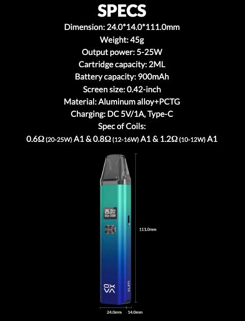 Oxva Xlim Pod Kit - Specifications