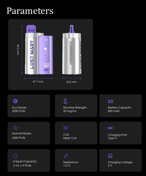 Lost Mary 4-in-1 Prefilled Pod Vape Kit - Parameters