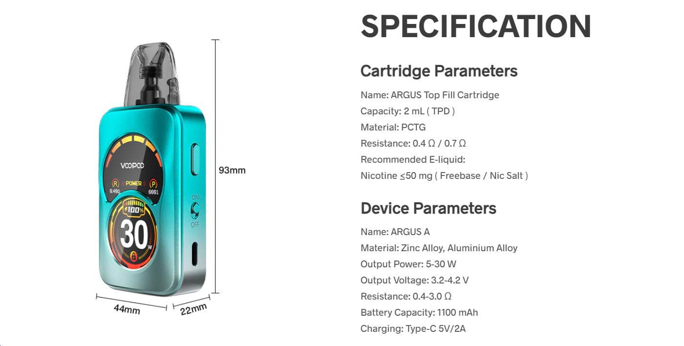 VooPoo Argus A Pod Vape Kit - Specifications