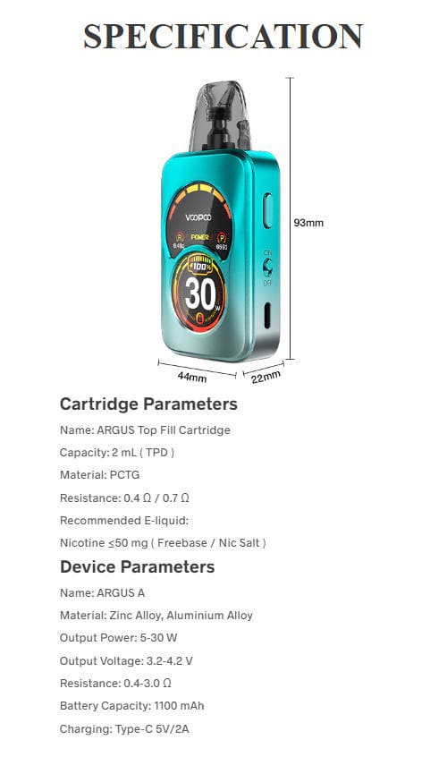 VooPoo Argus A Pod Vape Kit - Specifications