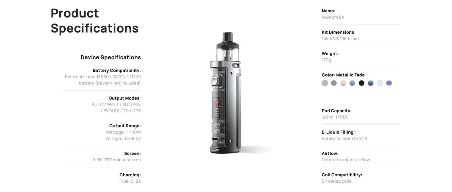 Aspire Veynom EX Pod Vape Kit - Product specifications
