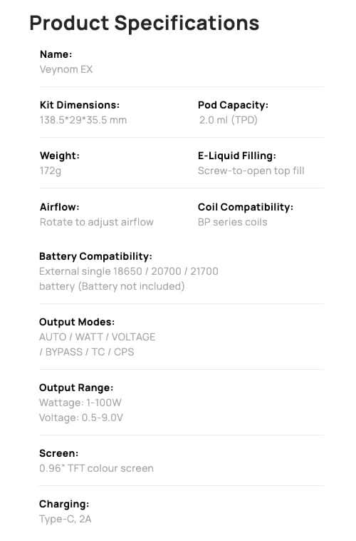 Aspire Veynom EX Pod Vape Kit - Product specifications