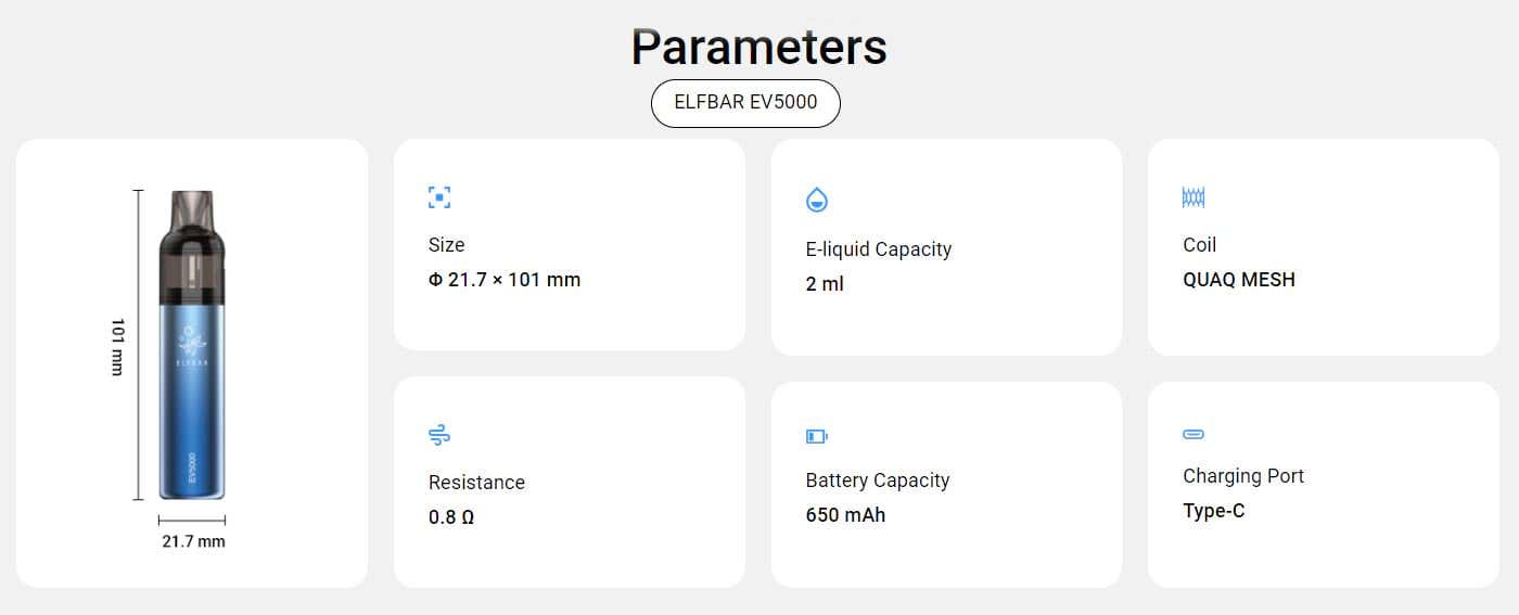Elf Bar EV5000 Refillable Disposable Kit - Device's Specifications and Parameters