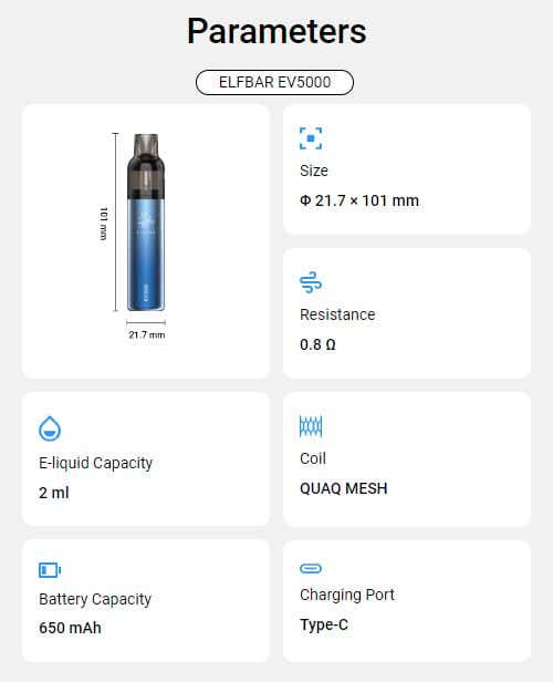 Elf Bar EV5000 Refillable Disposable Kit - Device's Specifications and Parameters