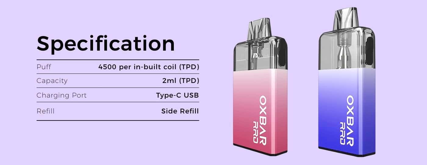 Oxva Oxbar RRD Refillable Rechargable Disposable Vape Kit - Specifications