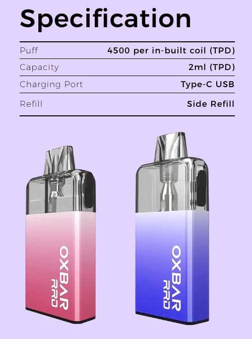 Oxva Oxbar RRD Refillable Rechargable Disposable Vape Kit - Specifications