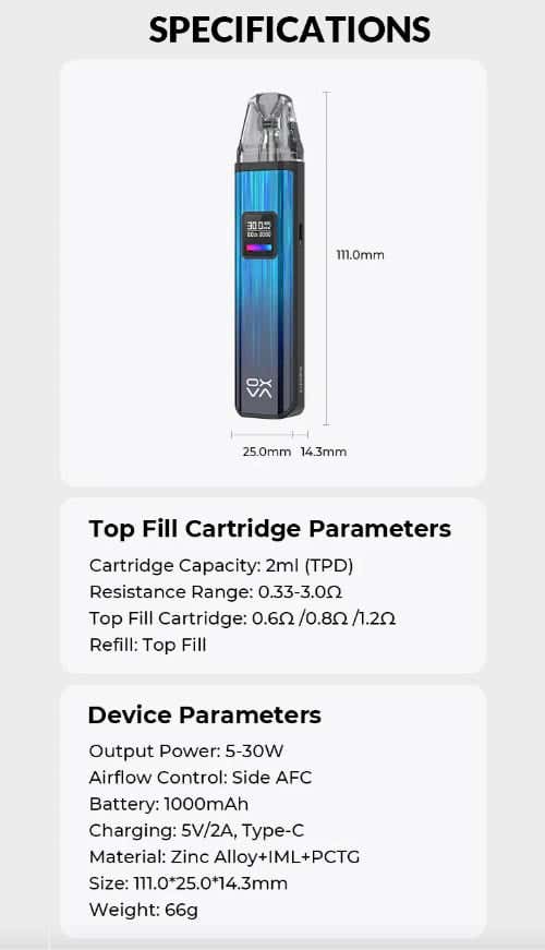 Oxva Xlim PRO Pod Vape Kit - Specifications