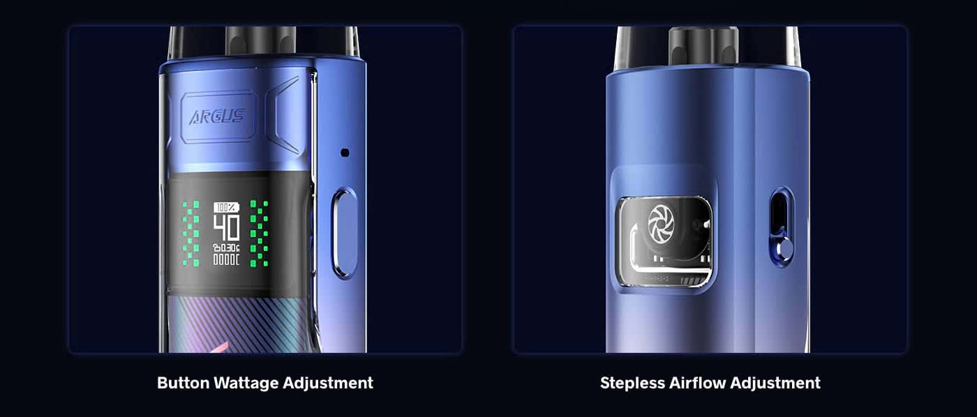 VooPoo Argus E40 Pod Vape Kit - Button wattage control and stepless airflow adjustment