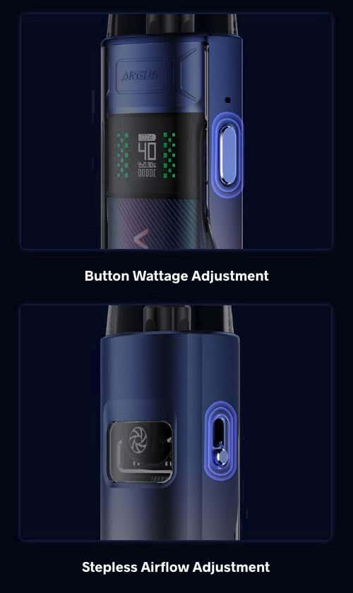 VooPoo Argus E40 Pod Vape Kit - Button wattage control and stepless airflow adjustment