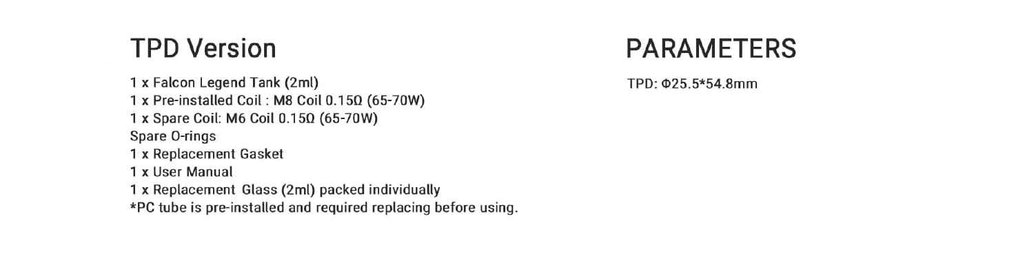Horizontech Falcon Legend Sub-Ohm Tank - Parameters