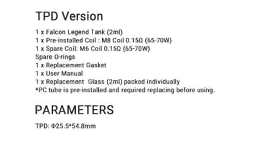 Horizontech Falcon Legend Sub-Ohm Tank - Parameters