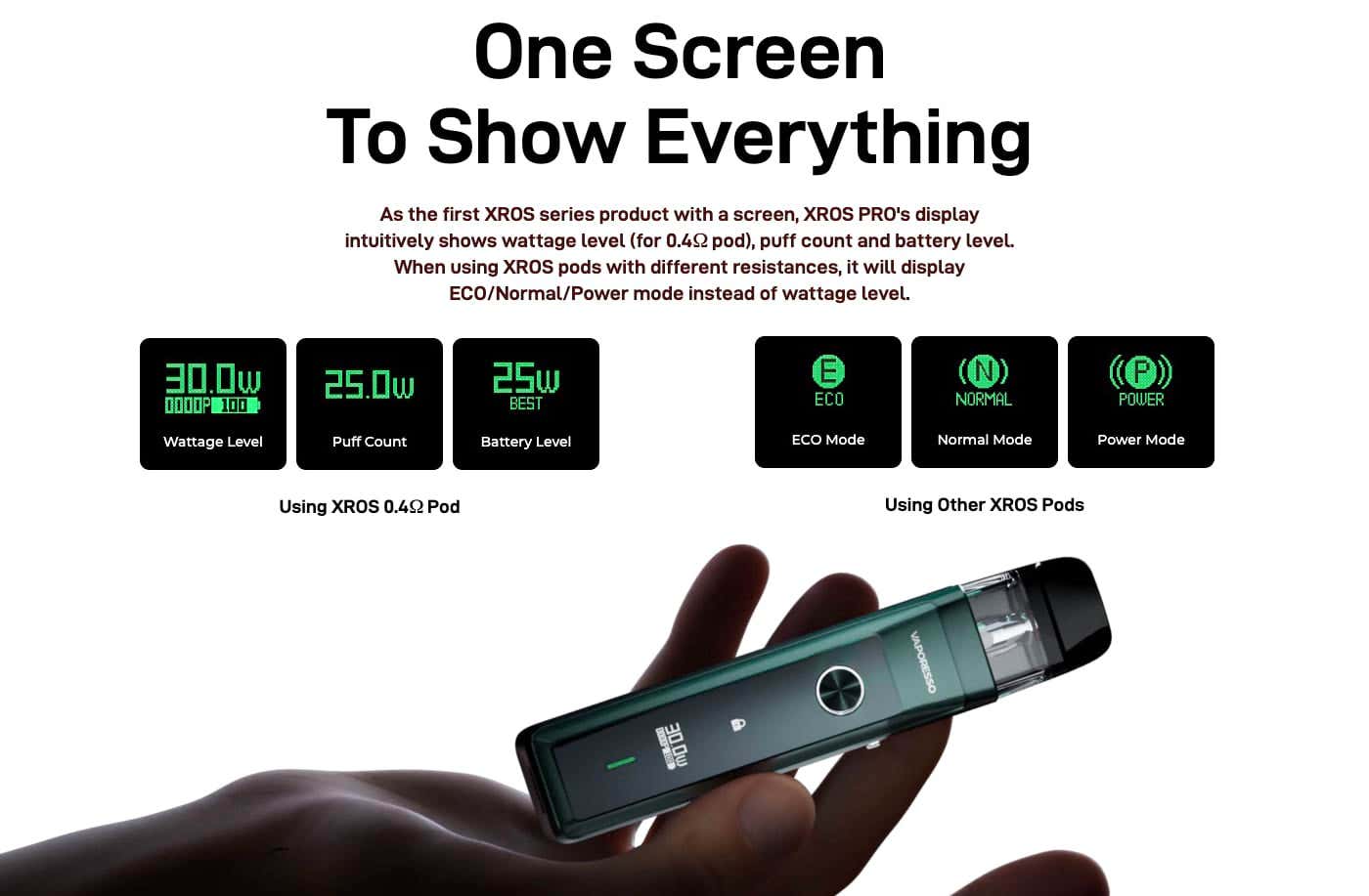Vaporesso XROS Pro Pod Kit - One screen to show everything