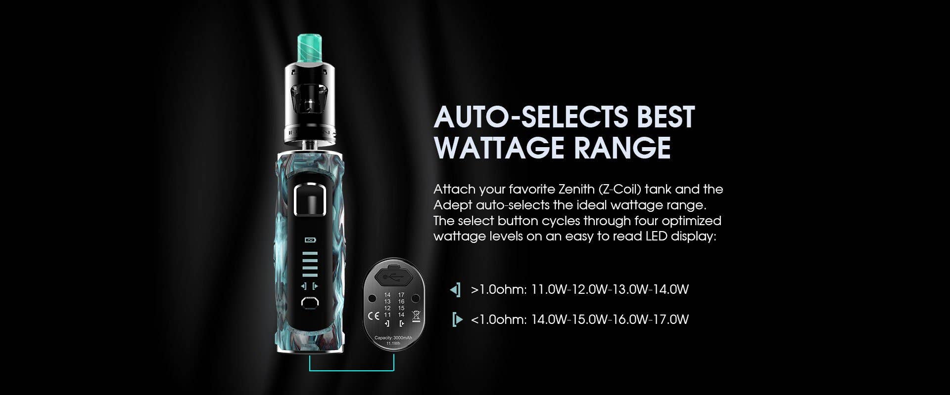 The Innokin Adept Zlide Kit features automatic wattage adjustment